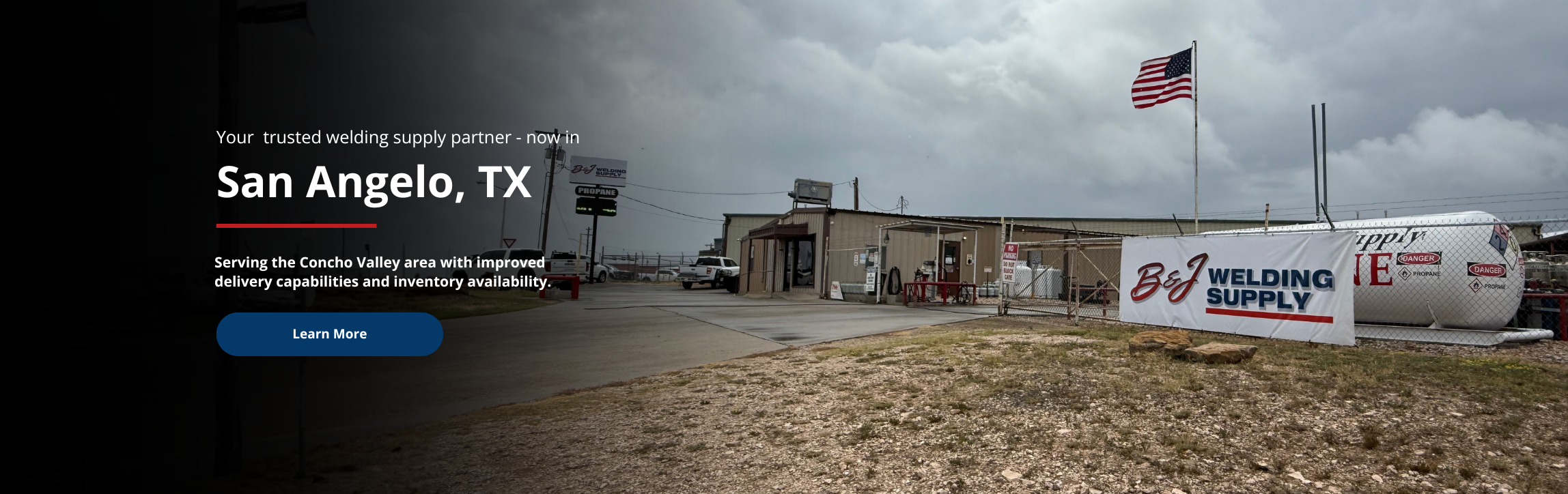 Exterior of the B&J Welding Supply building with an overlay that reads \u2018Your trusted welding supply partner - now in San Angelo, TX.\u2019